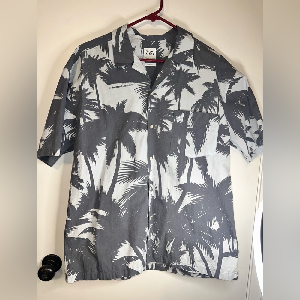ZARA Gray And White Palm Leaves Hawaiian Style Button Up Short sleeve Shirt L - Picture 12 of 14